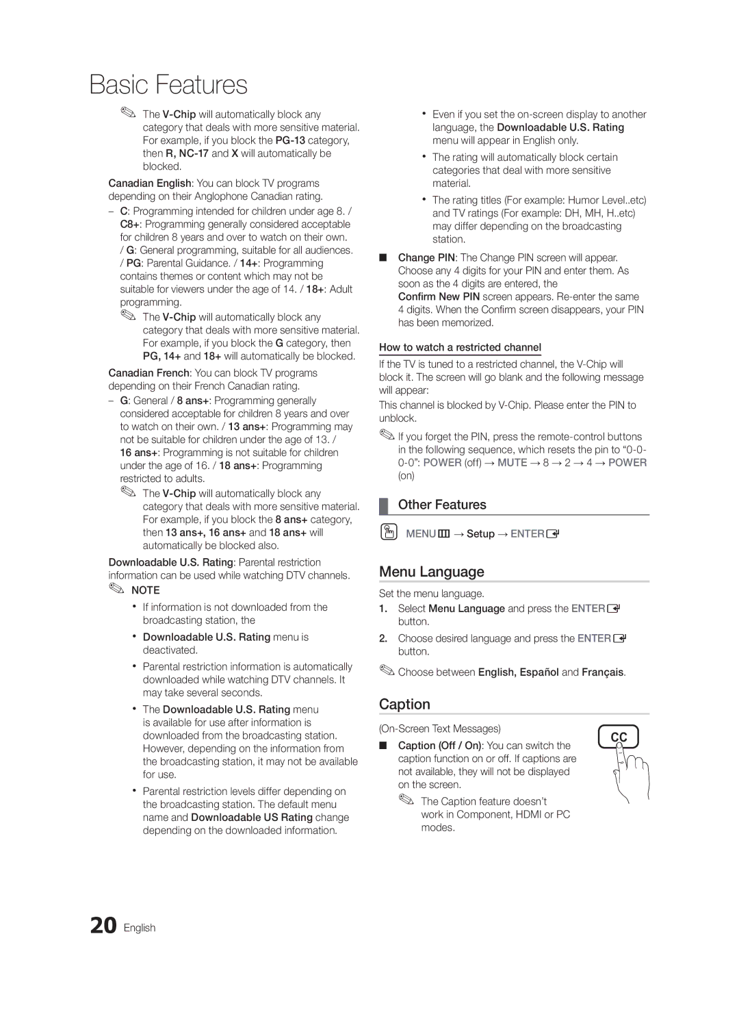 Samsung BN68-02956B-02 user manual Menu Language, Caption 