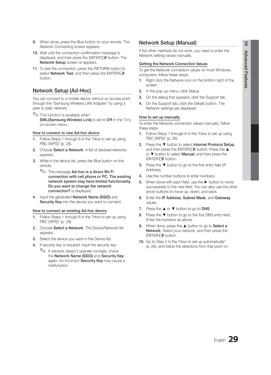 Samsung BN68-02956B-02 user manual Network Setup Ad-Hoc, 04Features Advanced English 