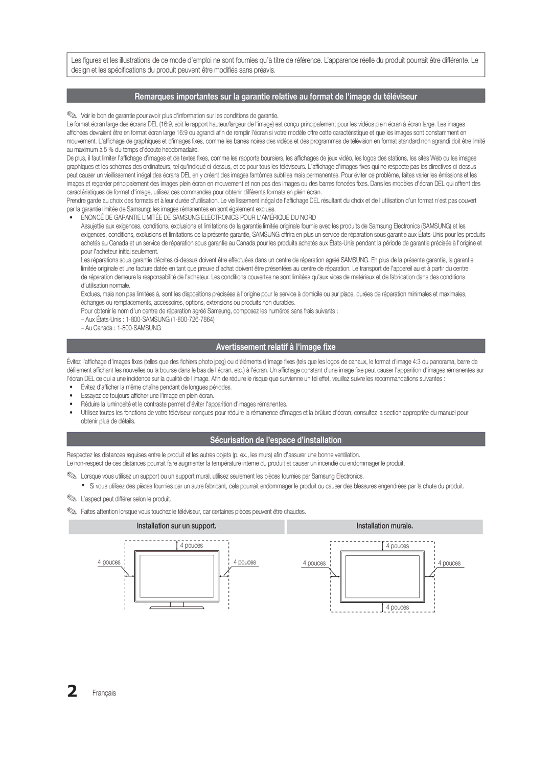 Samsung BN68-02956B-02 Avertissement relatif à limage fixe, Sécurisation de l’espace d’installation, Installation murale 
