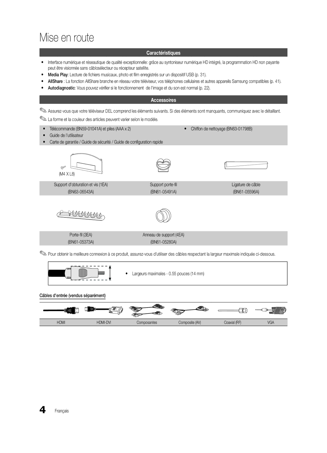 Samsung BN68-02956B-02 user manual Mise en route, Caractéristiques, Accessoires 