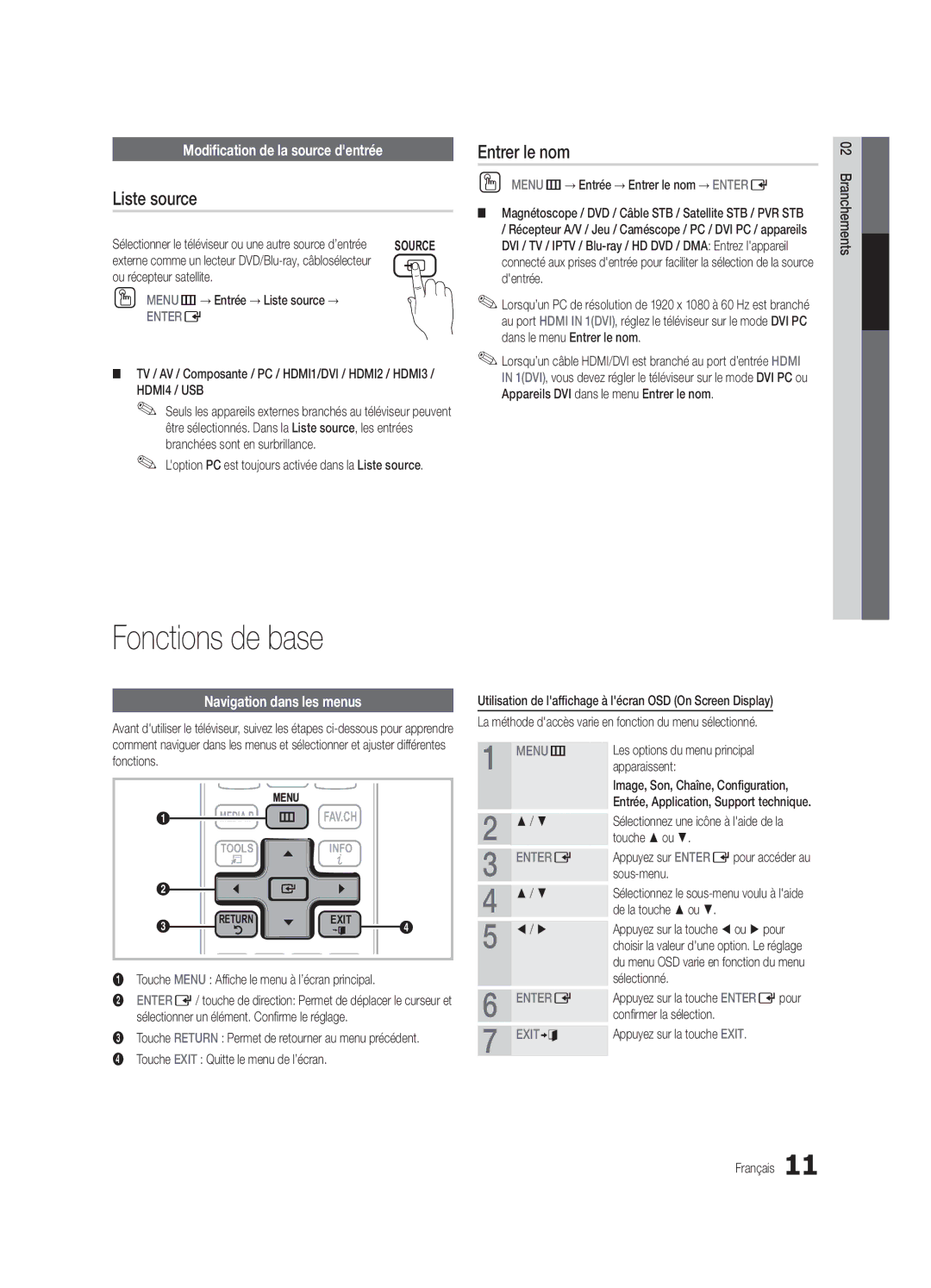 Samsung BN68-02956B-02 user manual Fonctions de base, Liste source, Entrer le nom, Modification de la source dentrée 