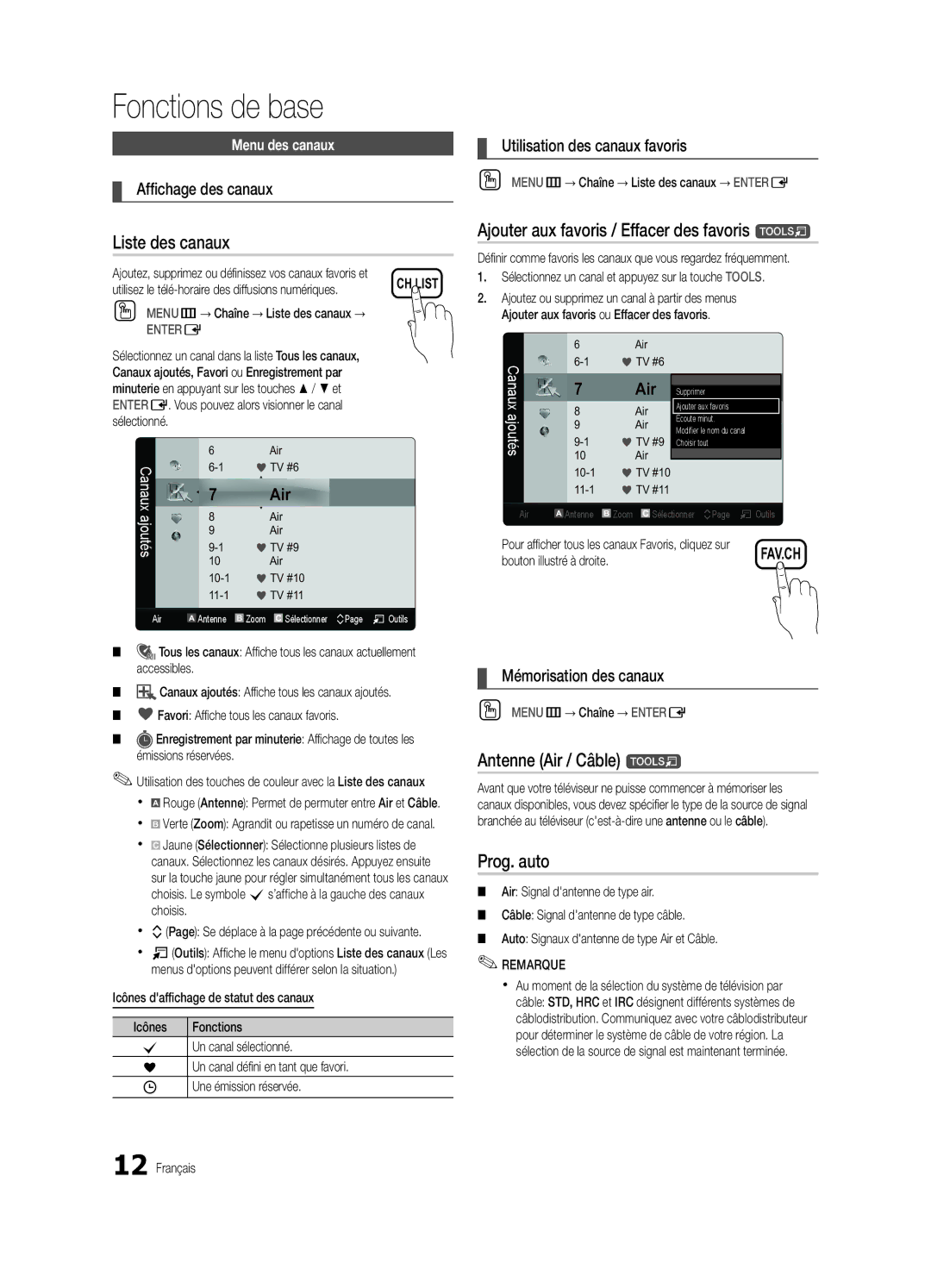 Samsung BN68-02956B-02 Liste des canaux, Ajouter aux favoris / Effacer des favoris t, Antenne Air / Câble t, Prog. auto 