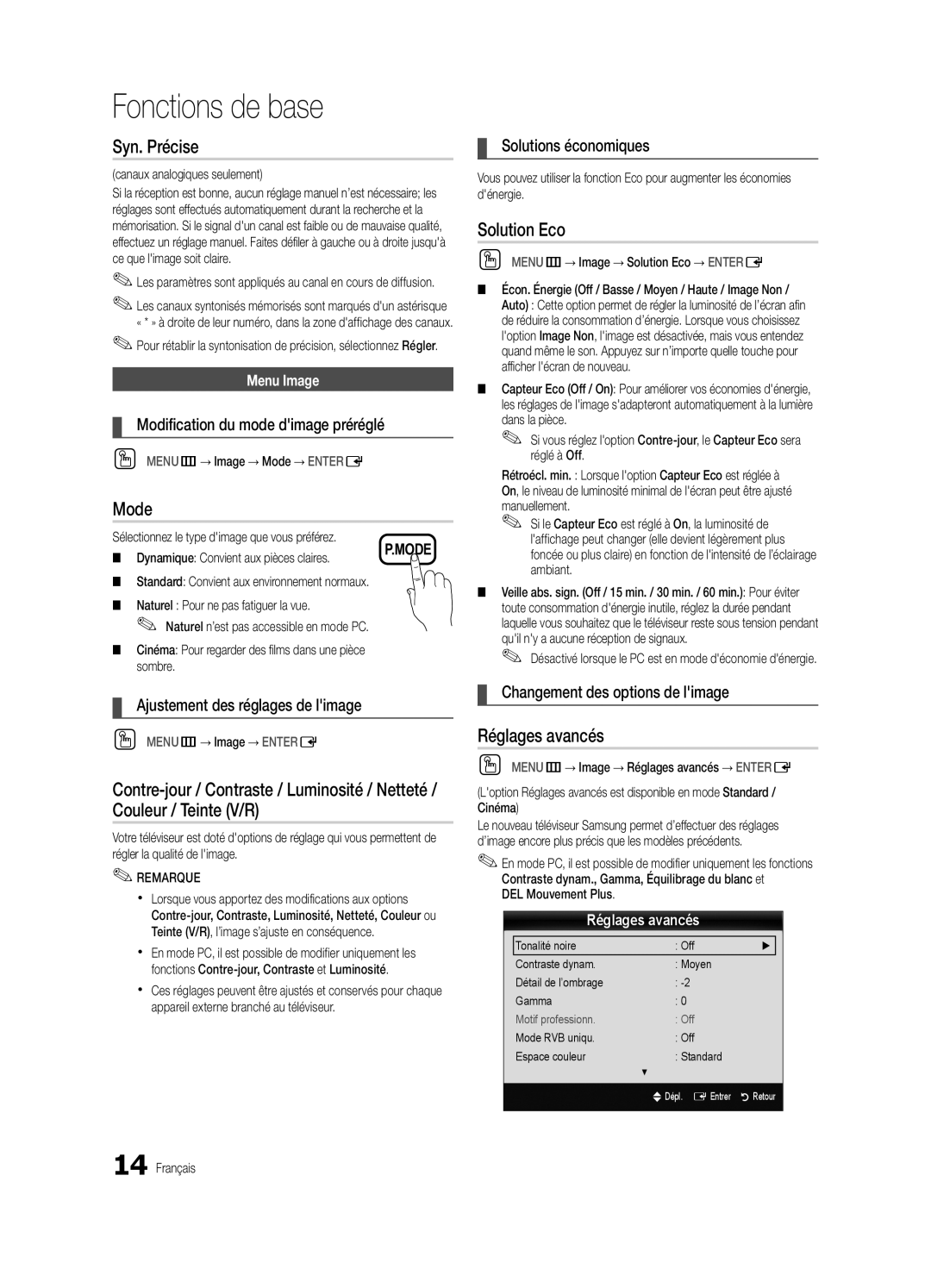 Samsung BN68-02956B-02 user manual Syn. Précise, Solution Eco, Réglages avancés 