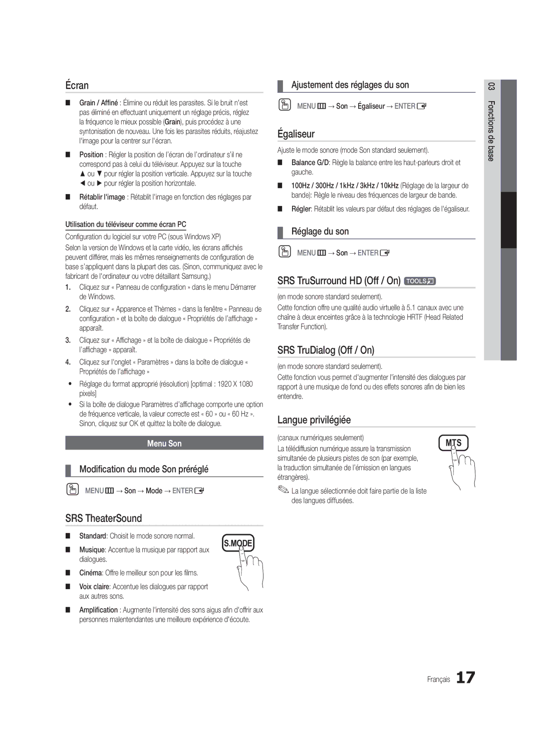 Samsung BN68-02956B-02 user manual Écran, Égaliseur, Langue privilégiée 