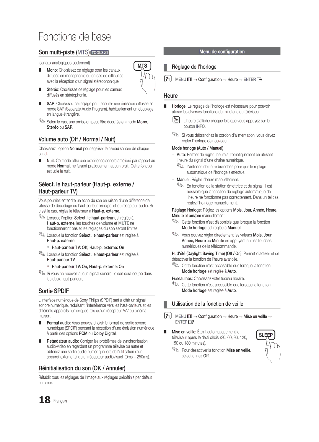 Samsung BN68-02956B-02 user manual Son multi-piste MTSt, Volume auto Off / Normal / Nuit, Sortie Spdif, Heure 