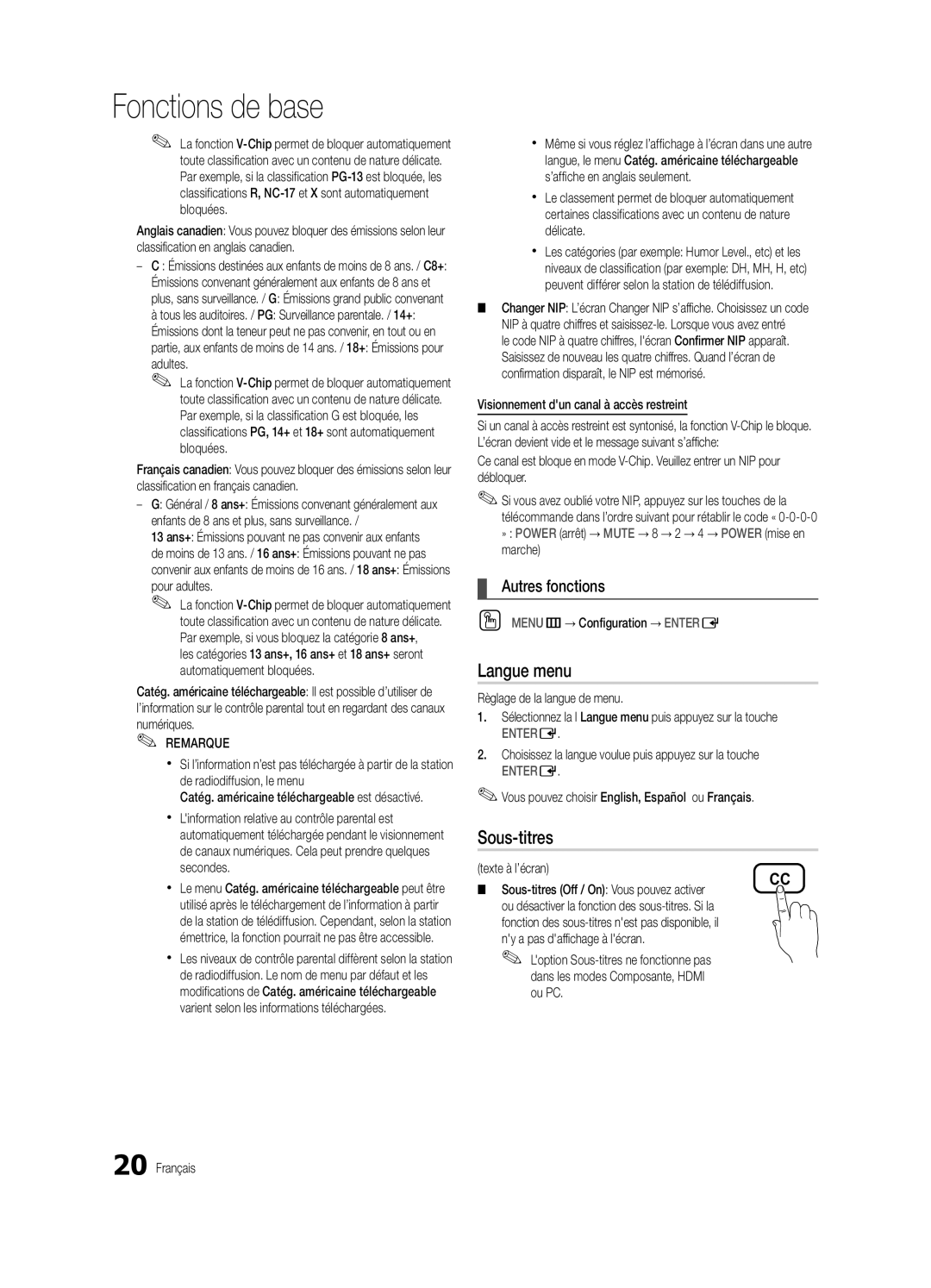 Samsung BN68-02956B-02 user manual Langue menu, Sous-titres 