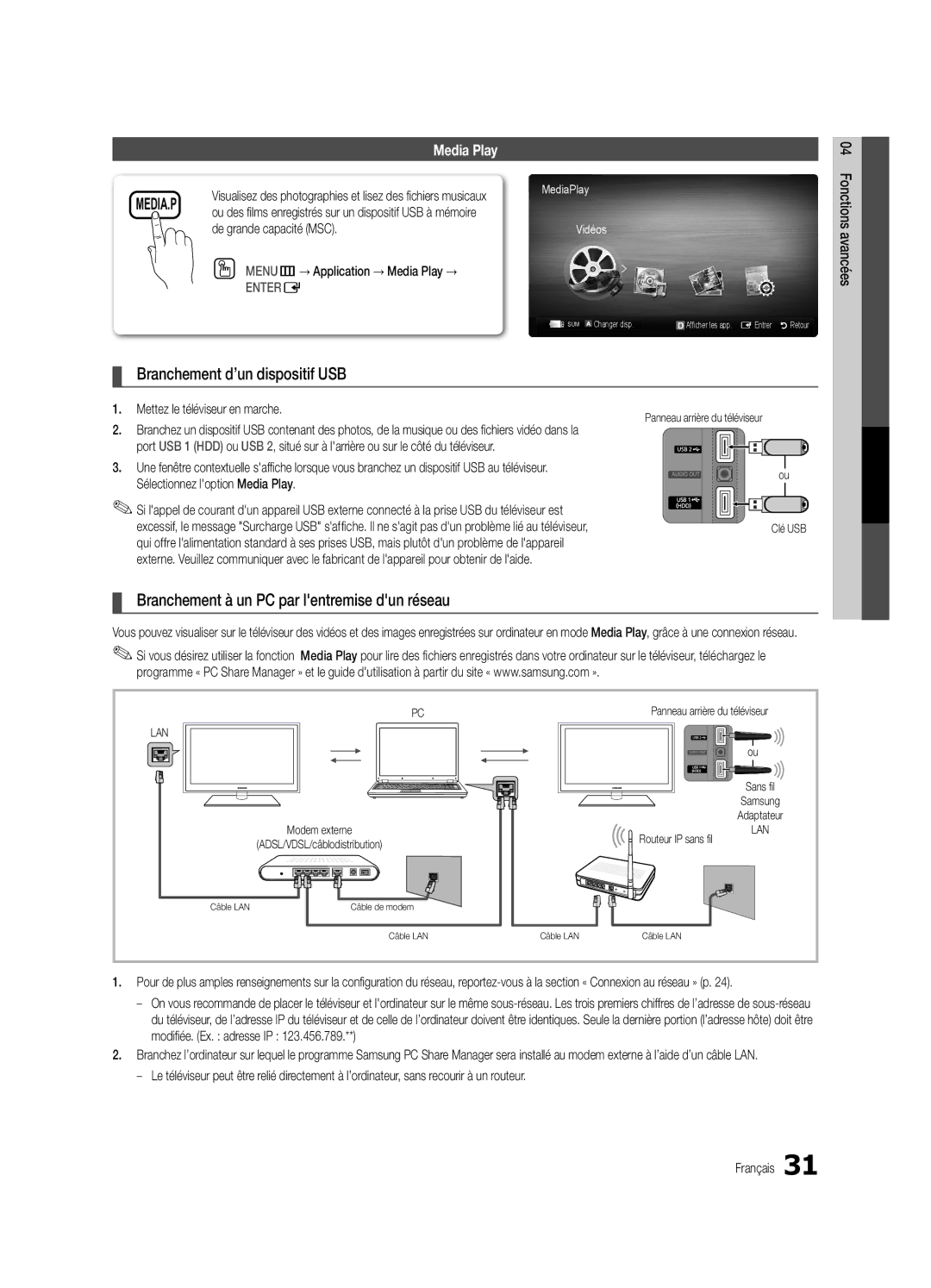 Samsung BN68-02956B-02 user manual Branchement d’un dispositif USB, Branchement à un PC par lentremise dun réseau 