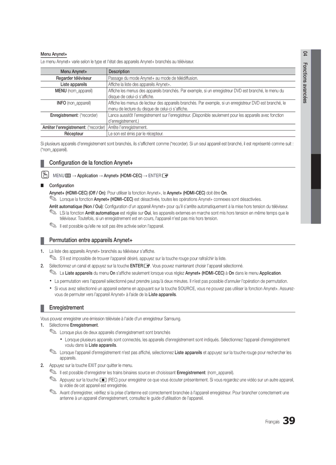 Samsung BN68-02956B-02 Configuration de la fonction Anynet+, Permutation entre appareils Anynet+, Enregistrement 