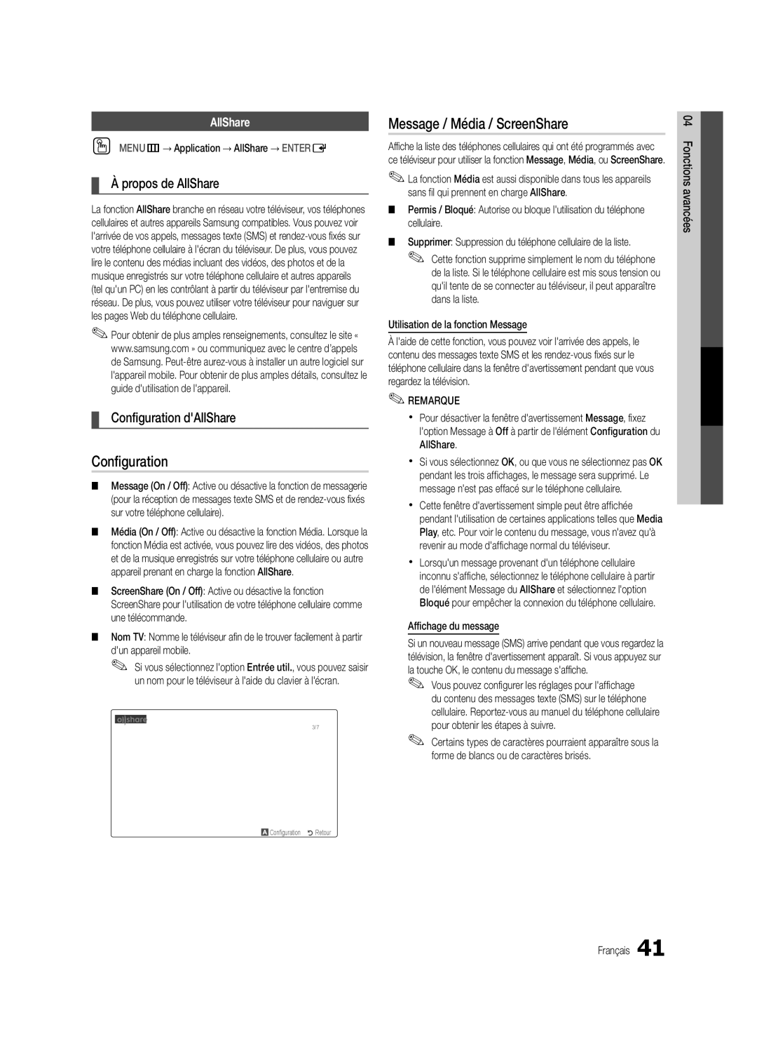 Samsung BN68-02956B-02 user manual Message / Média / ScreenShare, Propos de AllShare, Configuration dAllShare 