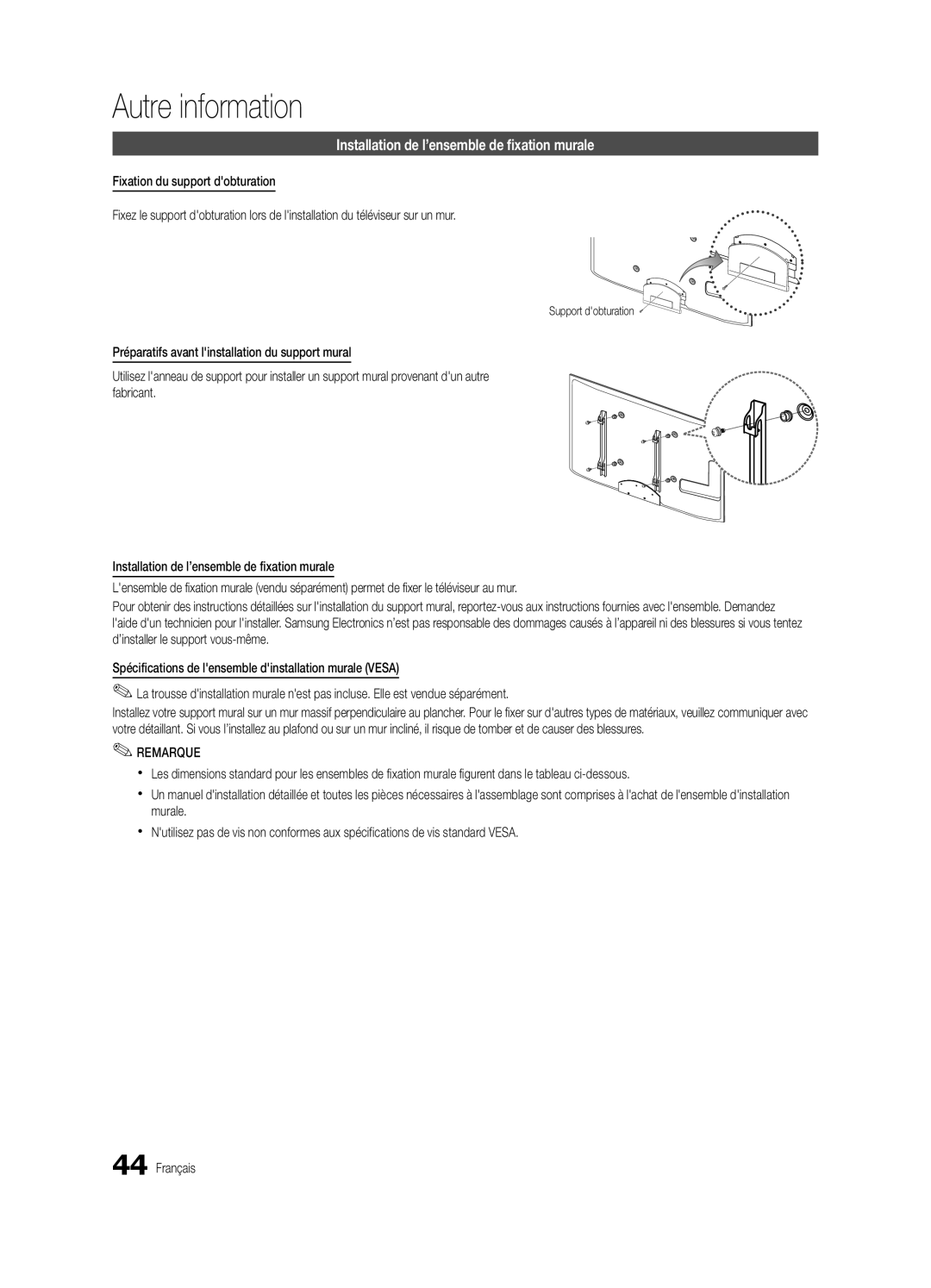 Samsung BN68-02956B-02 user manual Installation de l’ensemble de fixation murale, Support dobturation 