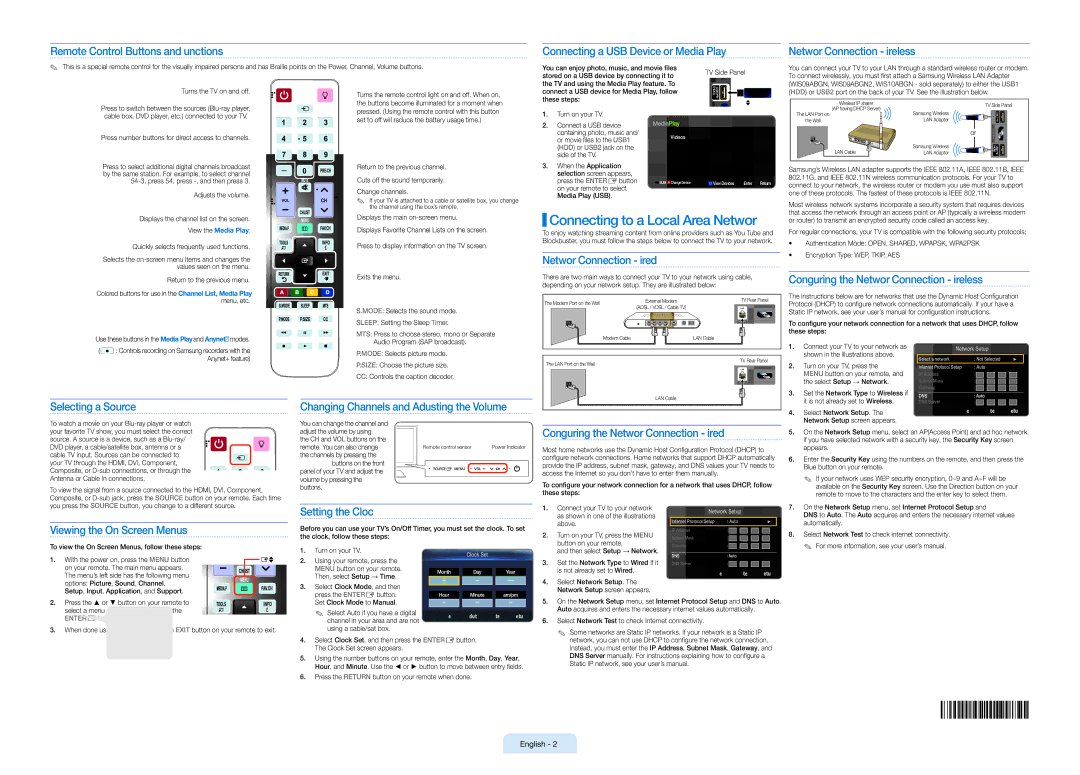 Samsung BN68-02973A-01 Network Connection Wired, Configuring the Network Connection Wireless, Selecting a Source 