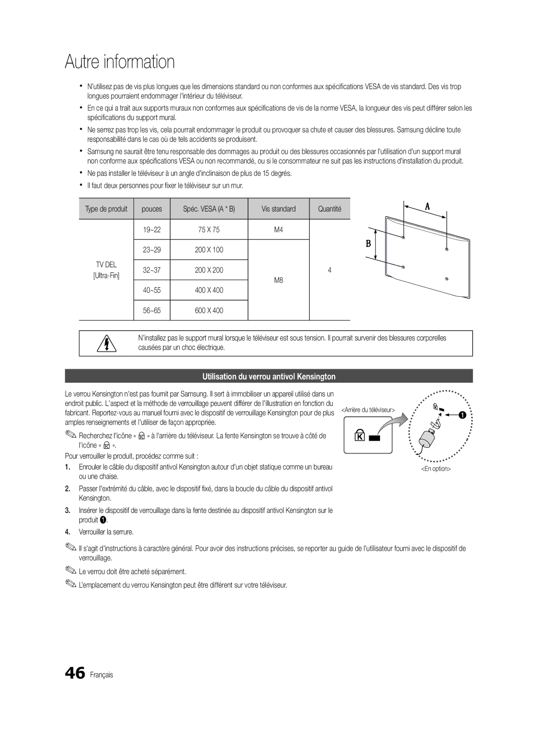 Samsung BN68-03004B-02, UC5000-ZC user manual Utilisation du verrou antivol Kensington, Pouces, Vis standard Quantité 