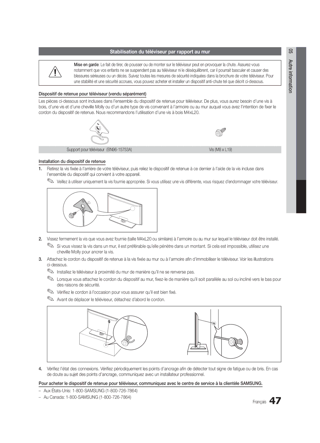 Samsung UC5000-ZC, BN68-03004B-02 user manual Stabilisation du téléviseur par rapport au mur 