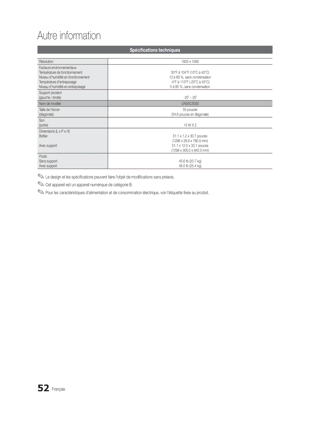 Samsung BN68-03004B-02, UC5000-ZC user manual Spécifications techniques 