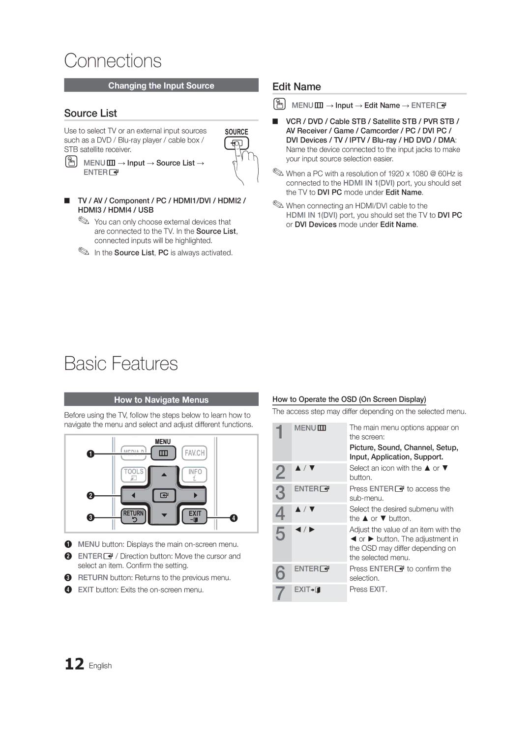 Samsung BN68-03004B-02, UC5000-ZC Basic Features, Source List, Edit Name, Changing the Input Source, How to Navigate Menus 