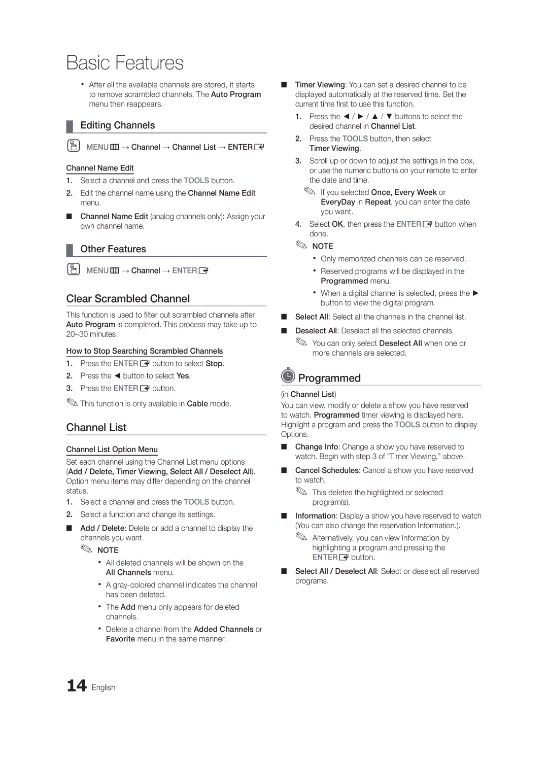 Samsung BN68-03004B-02, UC5000-ZC user manual Clear Scrambled Channel, Programmed, Editing Channels, Other Features 