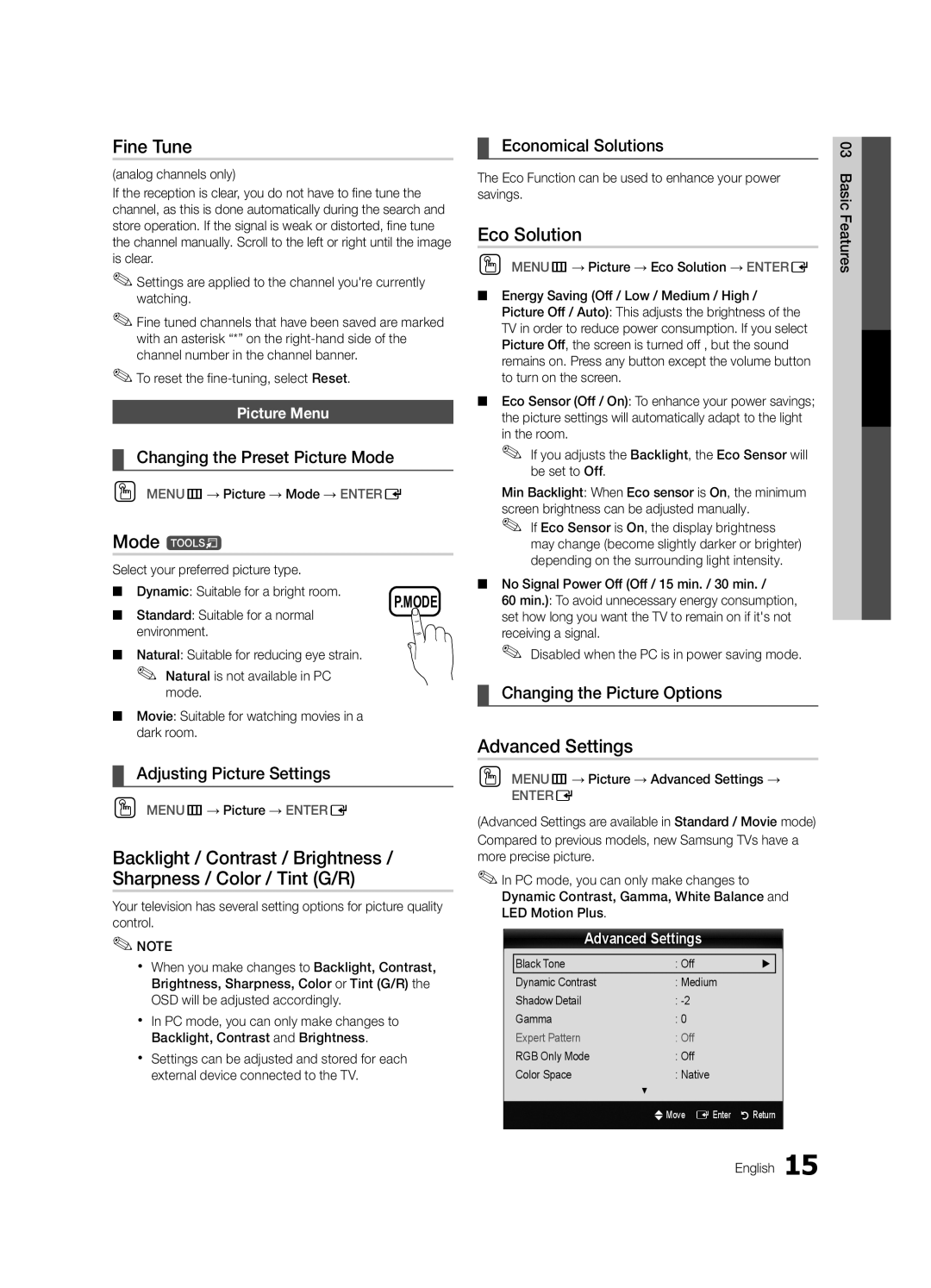 Samsung UC5000-ZC, BN68-03004B-02 user manual Fine Tune, Mode t, Eco Solution, Advanced Settings 