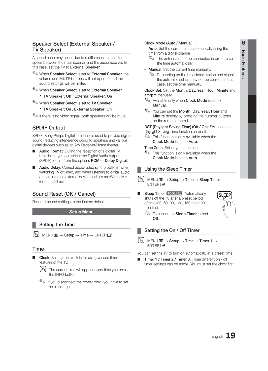 Samsung UC5000-ZC user manual Speaker Select External Speaker / TV Speaker, Spdif Output, Sound Reset OK / Cancel, Time 