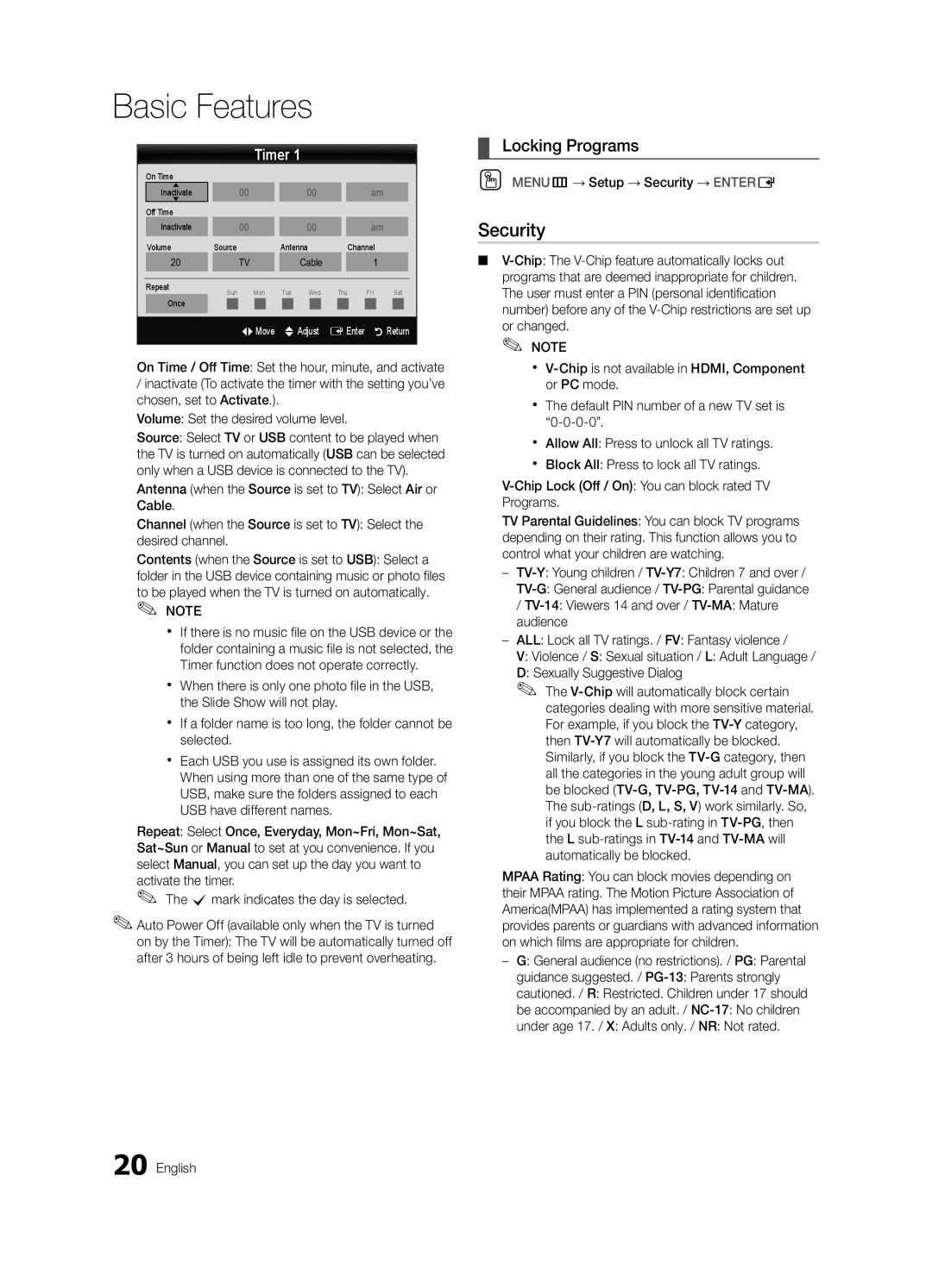 Samsung BN68-03004B-02 Security, Locking Programs, Timer, To be played when the TV is turned on automatically. Note 