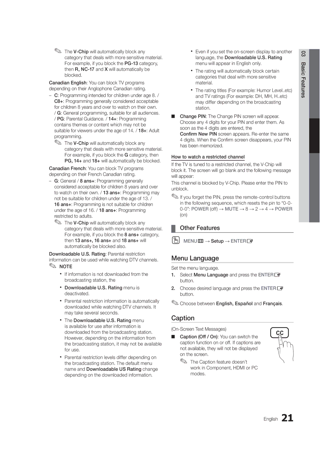 Samsung UC5000-ZC, BN68-03004B-02 user manual Menu Language, Caption 