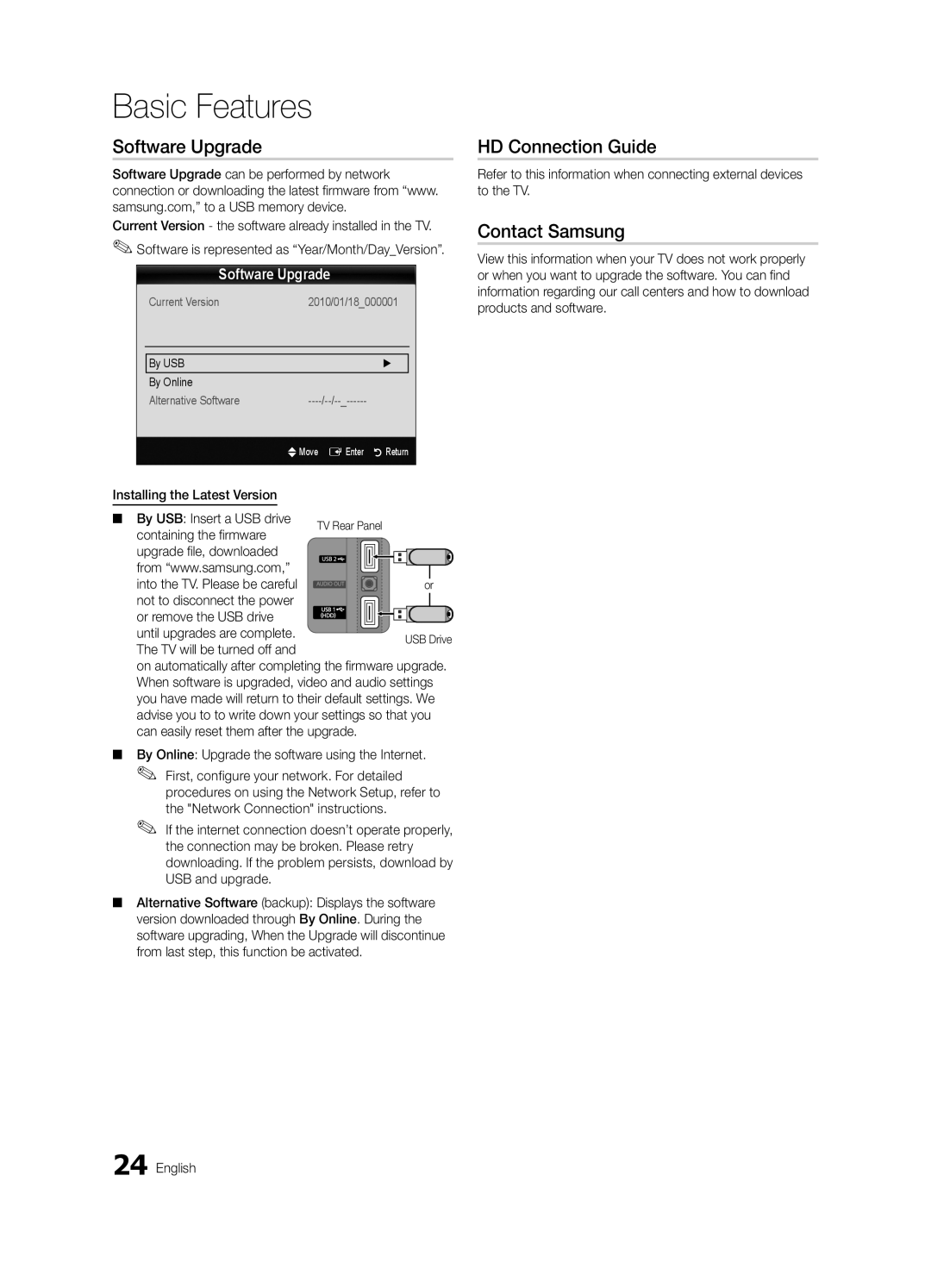 Samsung BN68-03004B-02, UC5000-ZC user manual Software Upgrade, HD Connection Guide, Contact Samsung 