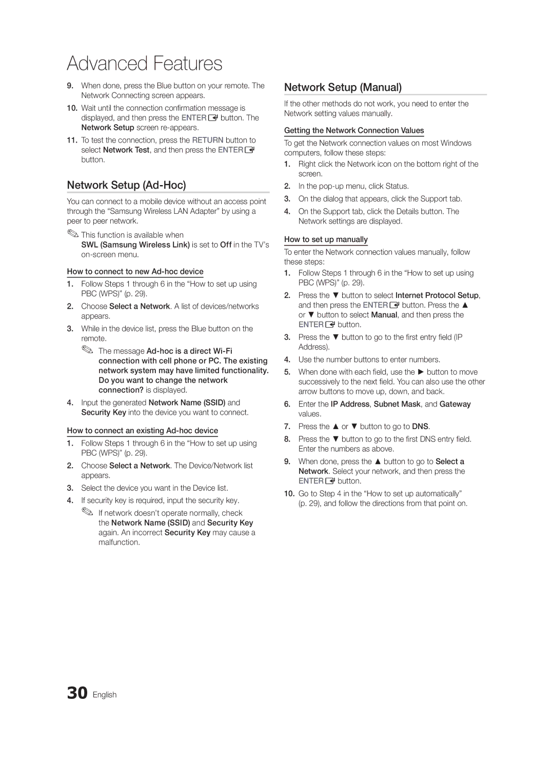 Samsung BN68-03004B-02, UC5000-ZC user manual Network Setup Ad-Hoc, Network Setup Manual 