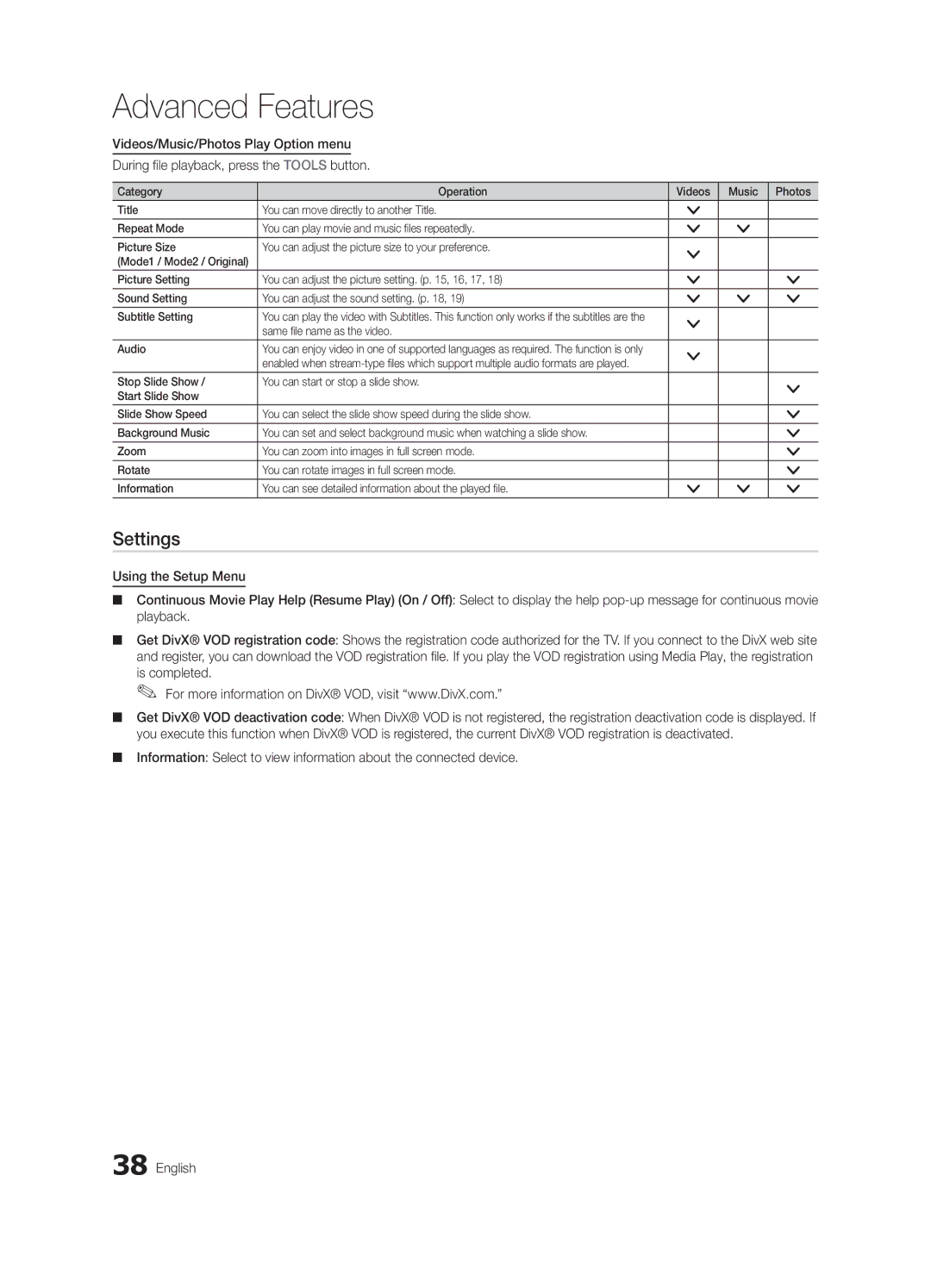 Samsung BN68-03004B-02, UC5000-ZC user manual Settings, Videos/Music/Photos Play Option menu, Press the Tools button 