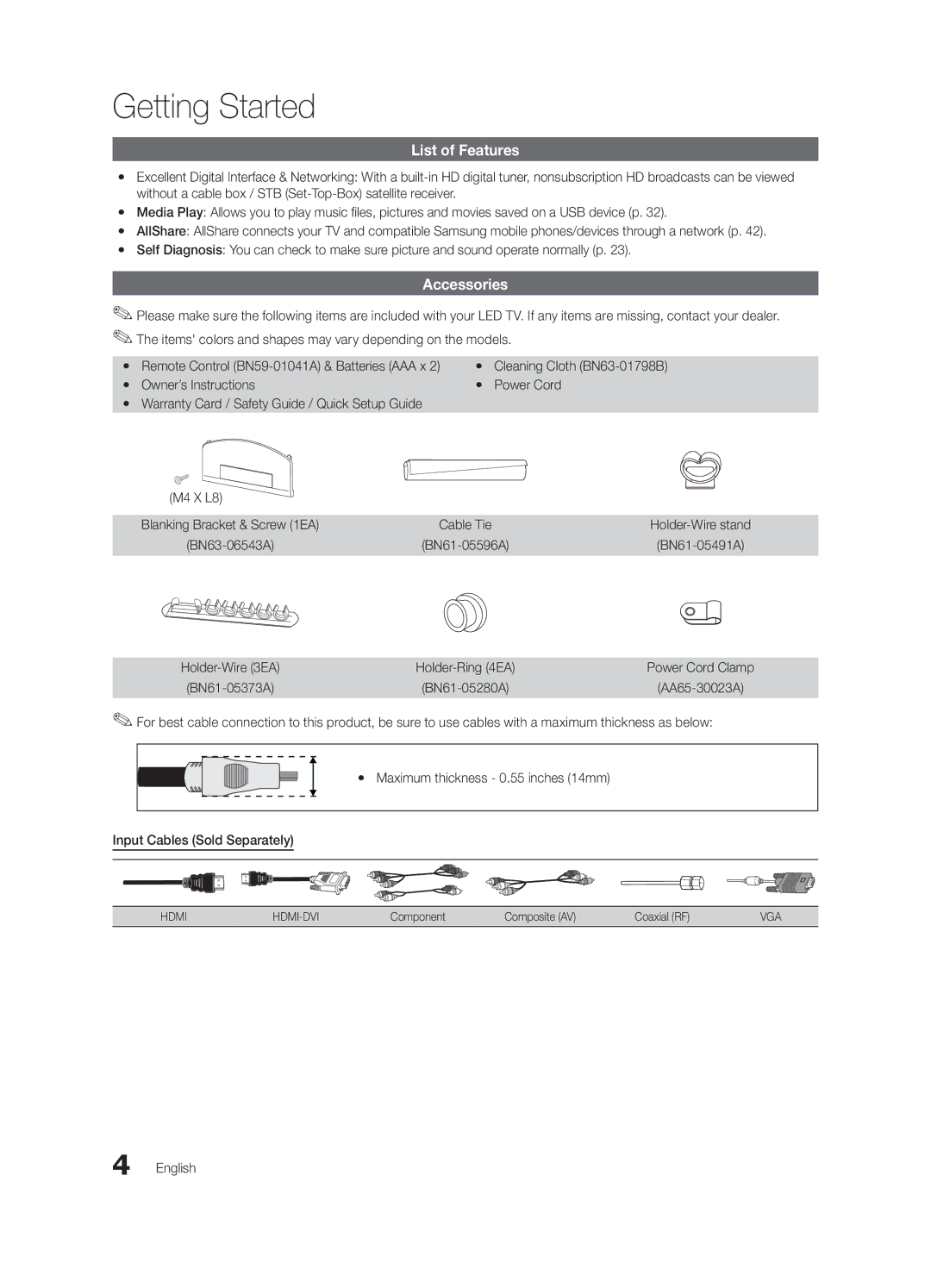 Samsung BN68-03004B-02, UC5000-ZC user manual Getting Started, List of Features, Accessories, Cleaning Cloth BN63-01798B 