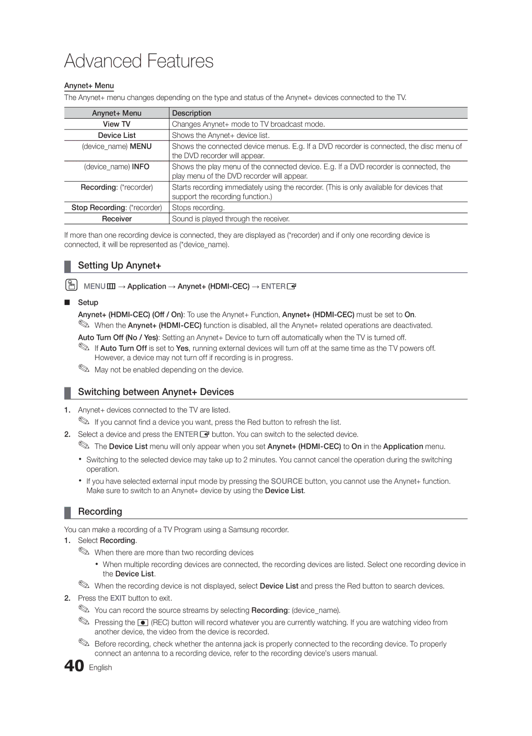 Samsung BN68-03004B-02, UC5000-ZC user manual Setting Up Anynet+, Switching between Anynet+ Devices, Recording 