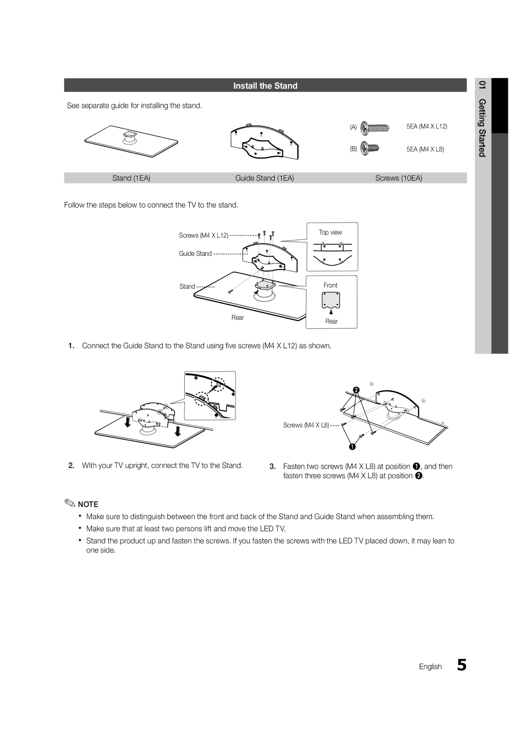 Samsung UC5000-ZC, BN68-03004B-02 Install the Stand, See separate guide for installing the stand, Stand 1EA, Screws 10EA 