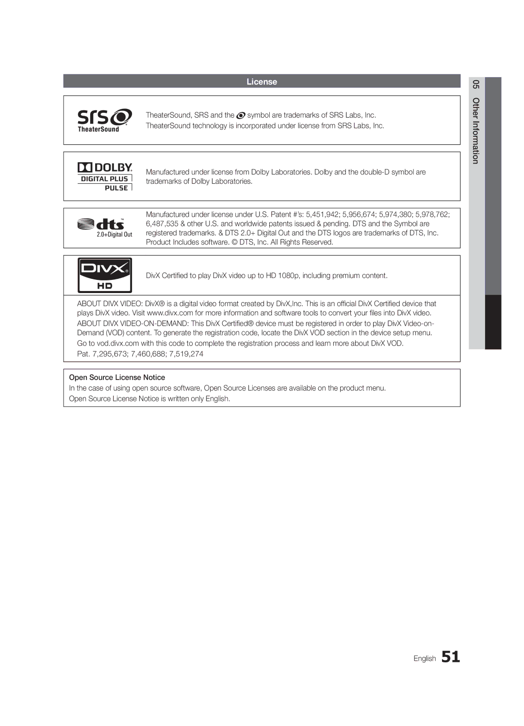 Samsung UC5000-ZC, BN68-03004B-02 user manual License 