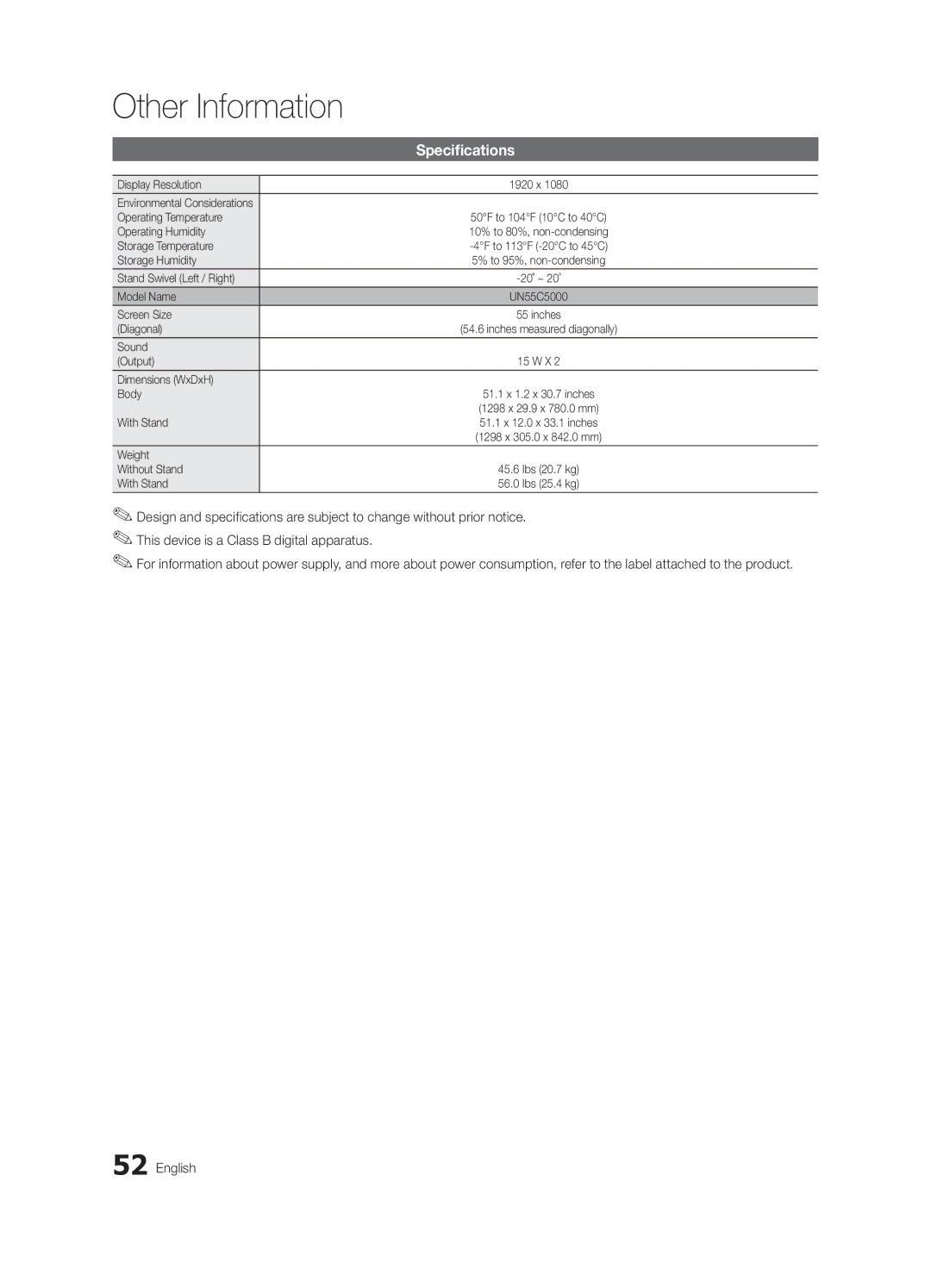 Samsung BN68-03004B-02, UC5000-ZC user manual Specifications 