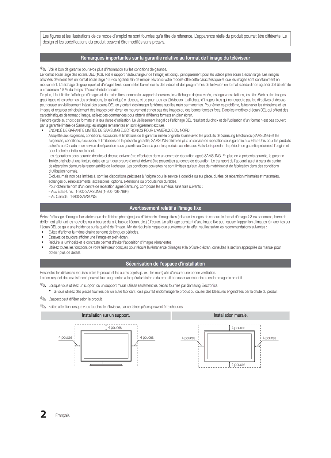 Samsung BN68-03004B-02 Avertissement relatif à limage fixe, Sécurisation de l’espace d’installation, Français, Pouces 