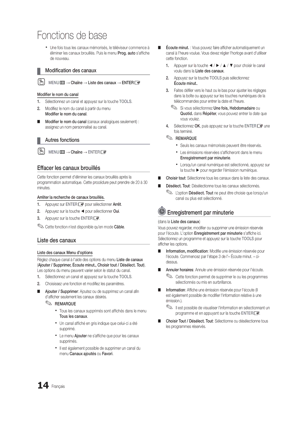 Samsung BN68-03004B-02, UC5000-ZC Effacer les canaux brouillés, Enregistrement par minuterie, Modification des canaux 