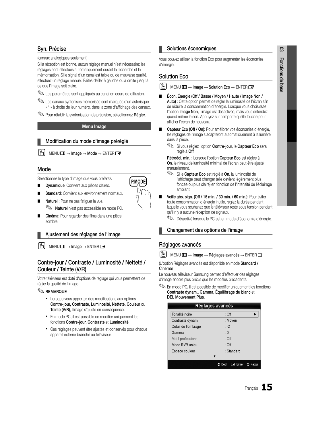 Samsung UC5000-ZC, BN68-03004B-02 user manual Syn. Précise, Mode, Solution Eco, Réglages avancés 