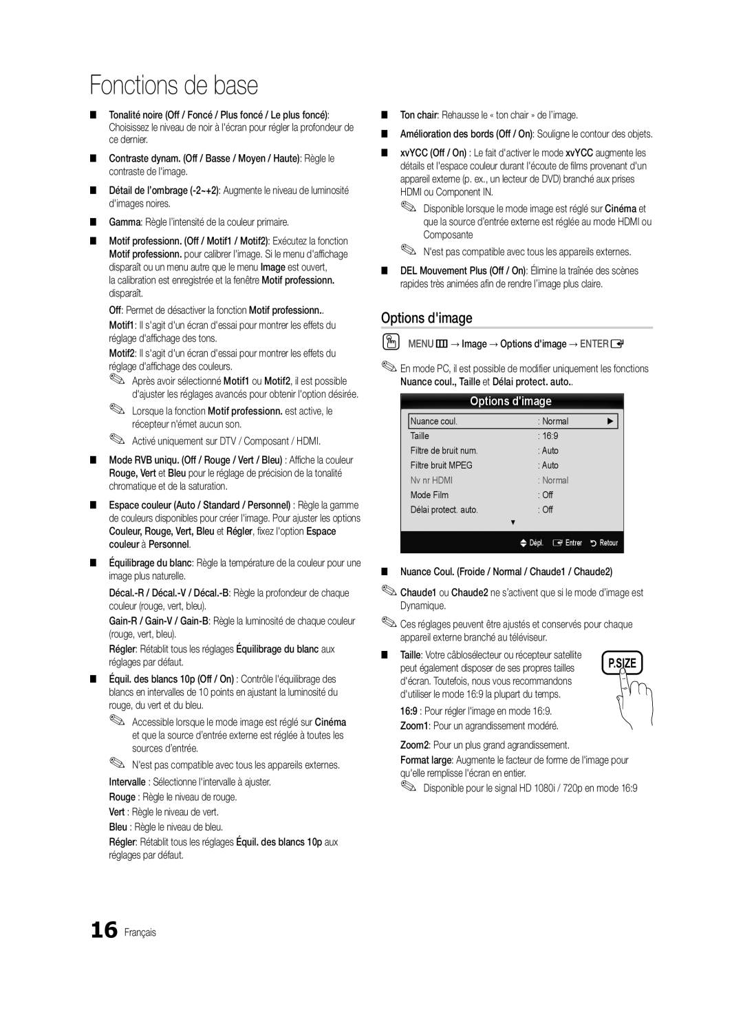 Samsung BN68-03004B-02, UC5000-ZC user manual Options dimage, Activé uniquement sur DTV / Composant / Hdmi 