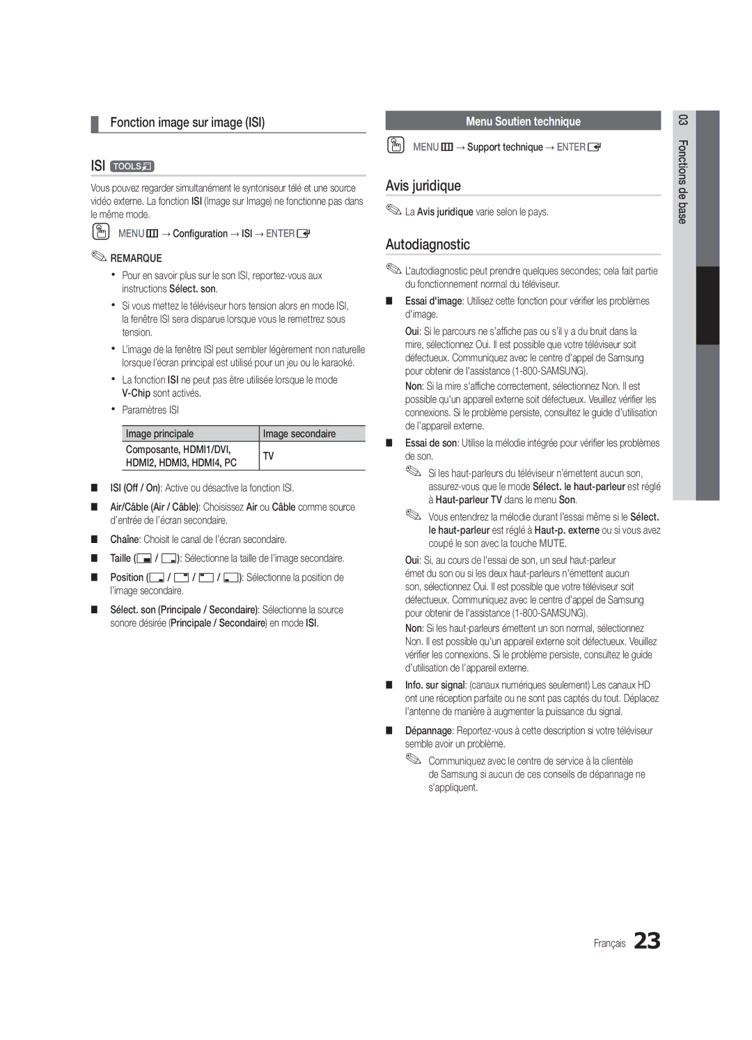 Samsung UC5000-ZC user manual ISI t, Avis juridique, Autodiagnostic, Fonction image sur image ISI, Menu Soutien technique 