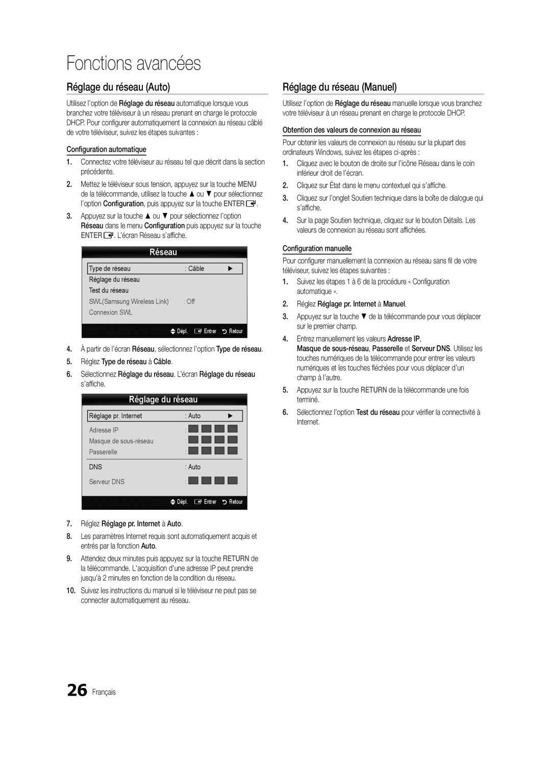 Samsung BN68-03004B-02, UC5000-ZC user manual Réglage du réseau Auto, Réglage du réseau Manuel, Réseau 