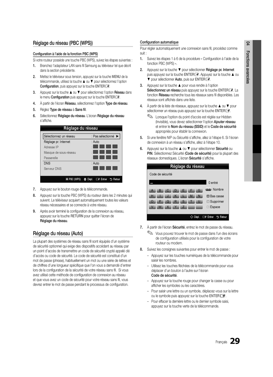 Samsung UC5000-ZC user manual Réglage du réseau PBC WPS, Configuration à l’aide de la fonction PBC WPS, Code de sécurité 