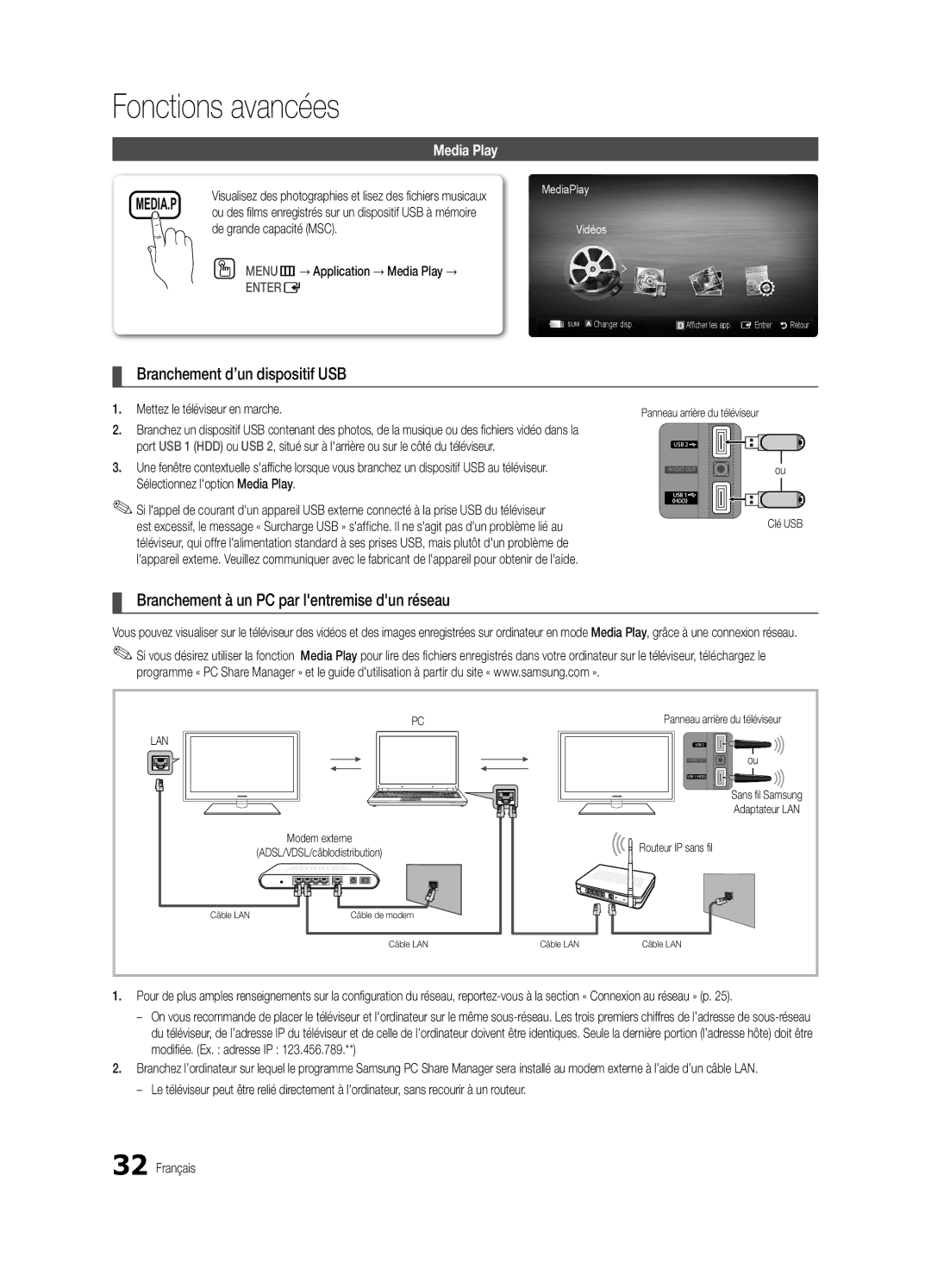 Samsung BN68-03004B-02, UC5000-ZC user manual Branchement d’un dispositif USB, Branchement à un PC par lentremise dun réseau 