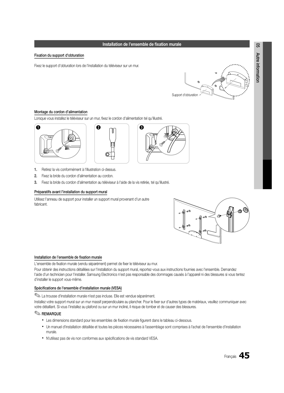 Samsung UC5000-ZC, BN68-03004B-02 user manual Installation de l’ensemble de fixation murale, Support dobturation 