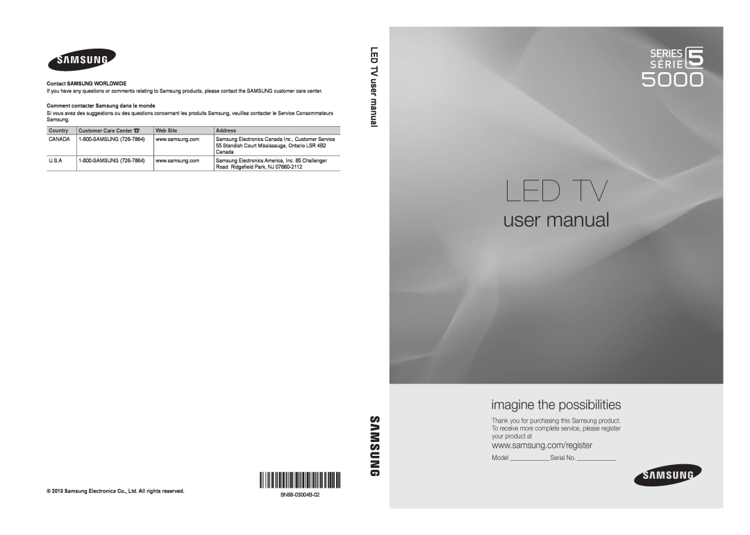 Samsung UC5000-ZC user manual Led Tv, imagine the possibilities, Model Serial No, LED TV user manual, Country, Web Site 
