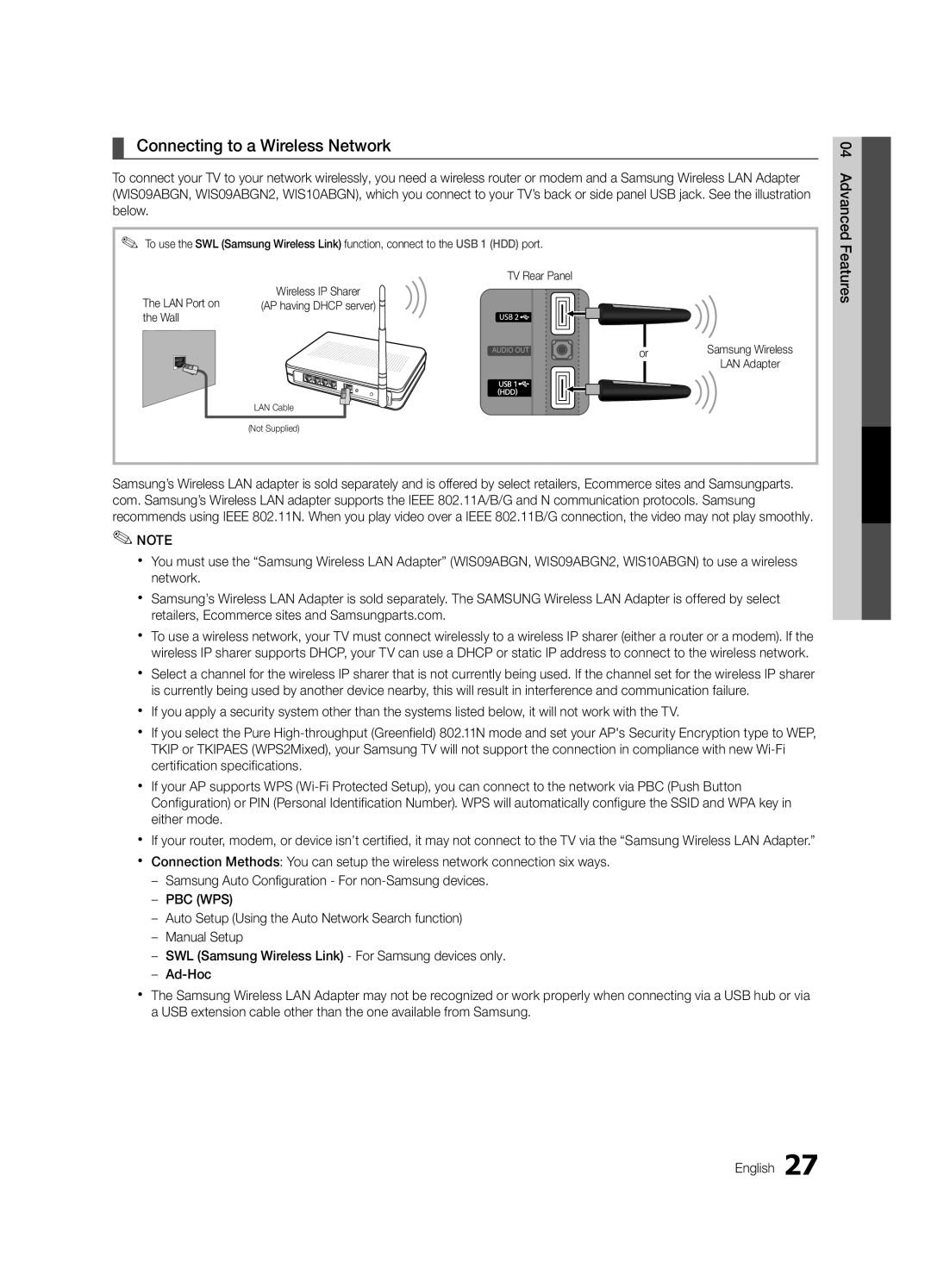 Samsung UC5000-ZC, BN68-03004B-02 user manual Connecting to a Wireless Network, Samsung Wireless, LAN Adapter 