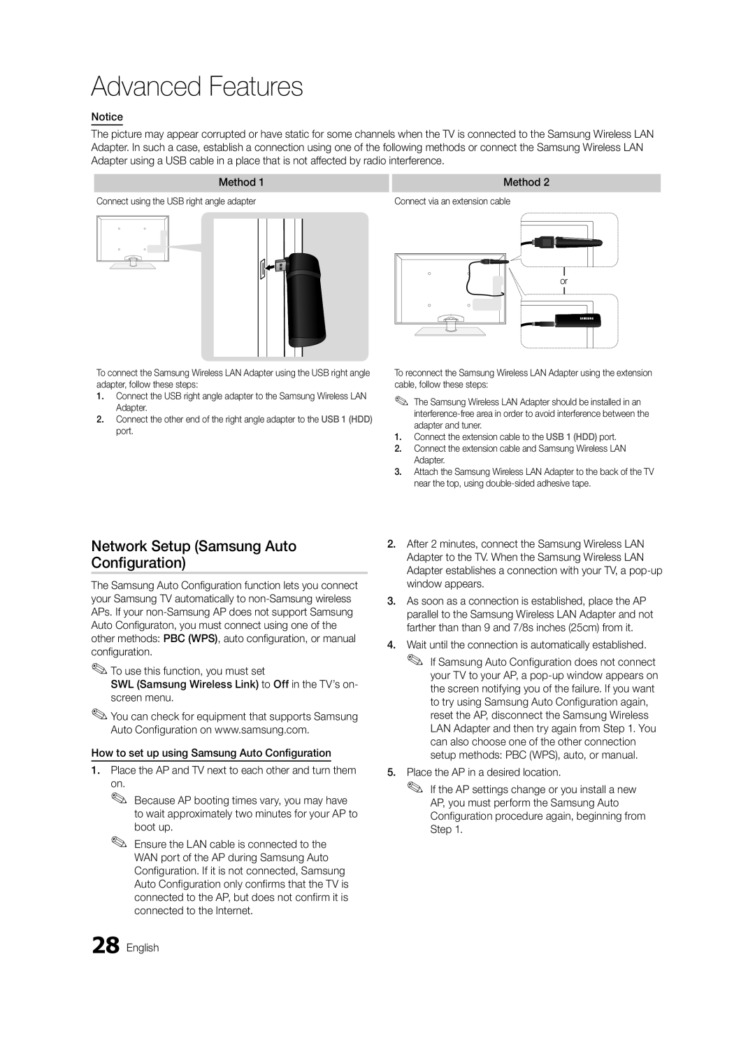 Samsung BN68-03004B-02, UC5000-ZC user manual Network Setup Samsung Auto Configuration, Advanced Features 