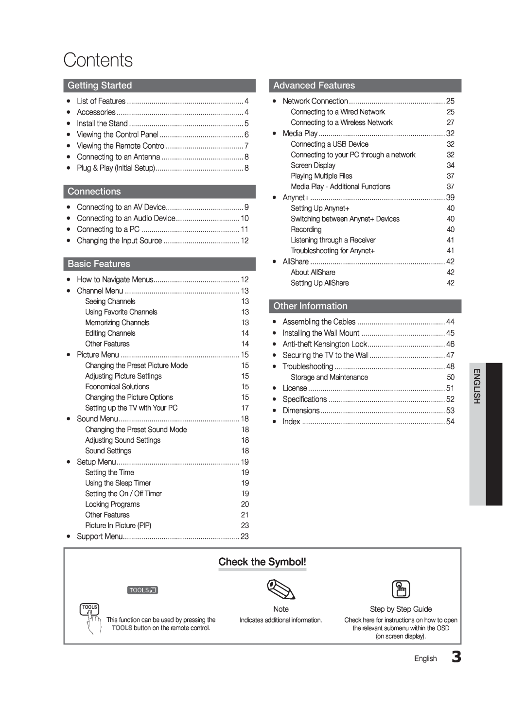 Samsung UC5000-ZC user manual Contents, Check the Symbol, Getting Started, Connections, Advanced Features, Basic Features 