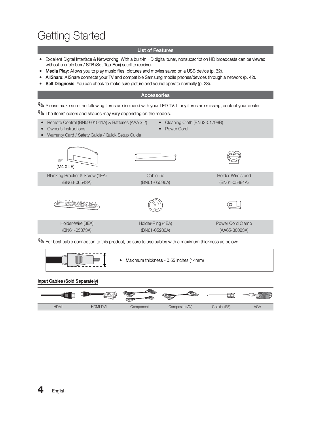 Samsung BN68-03004B-02, UC5000-ZC user manual Getting Started, List of Features, Accessories 