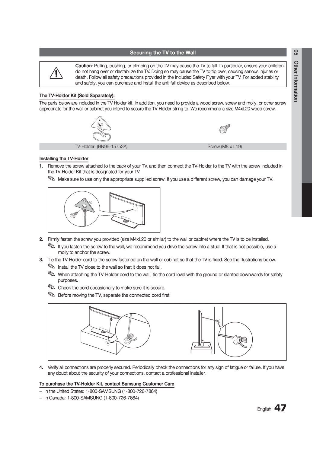 Samsung UC5000-ZC, BN68-03004B-02 user manual Securing the TV to the Wall 