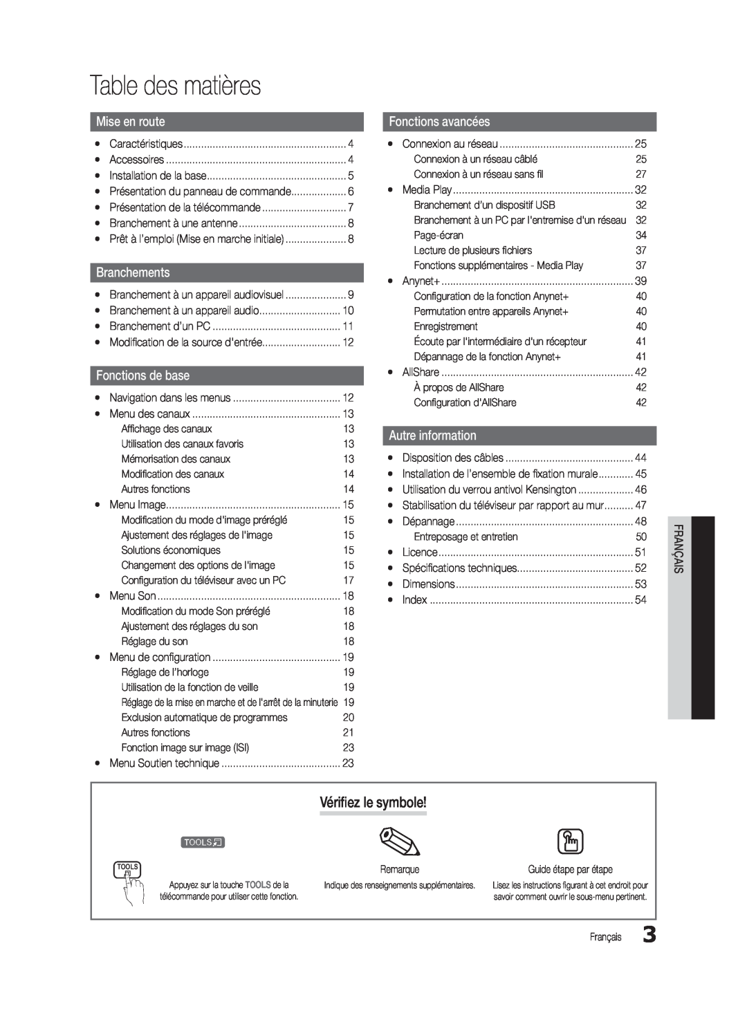 Samsung UC5000-ZC user manual Table des matières, Vérifiez le symbole, Fonctions avancées, Autre information, Branchements 