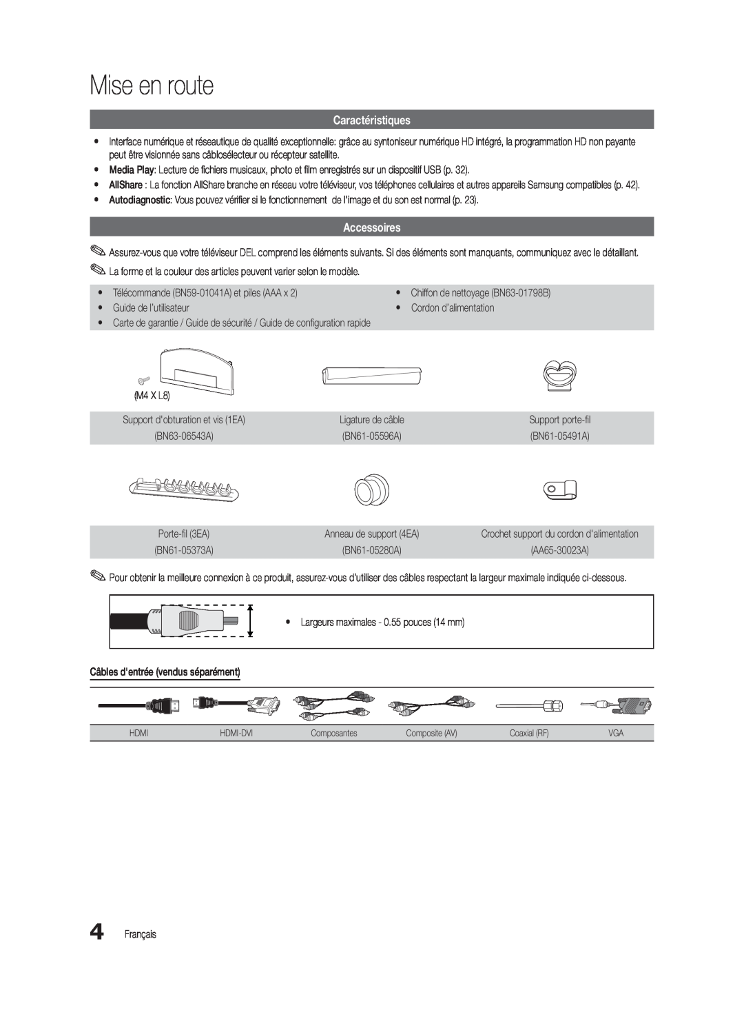 Samsung BN68-03004B-02, UC5000-ZC user manual Mise en route, Caractéristiques, Accessoires 