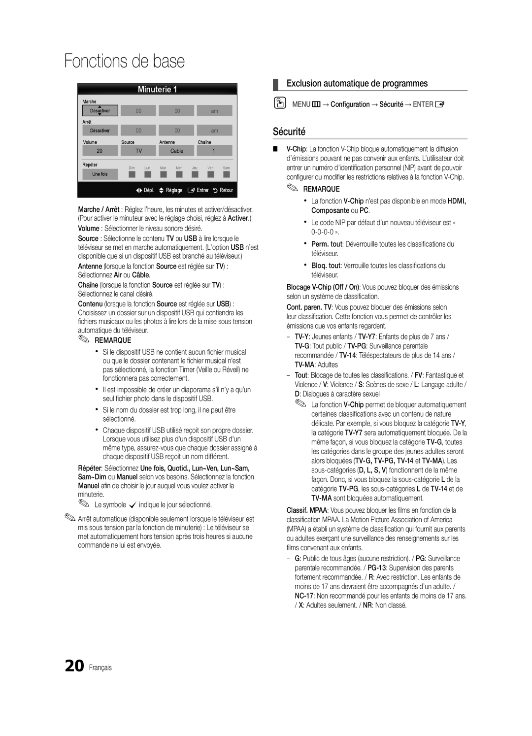 Samsung BN68-03004B-02, UC5000-ZC user manual Sécurité, Exclusion automatique de programmes, Minuterie, Fonctions de base 